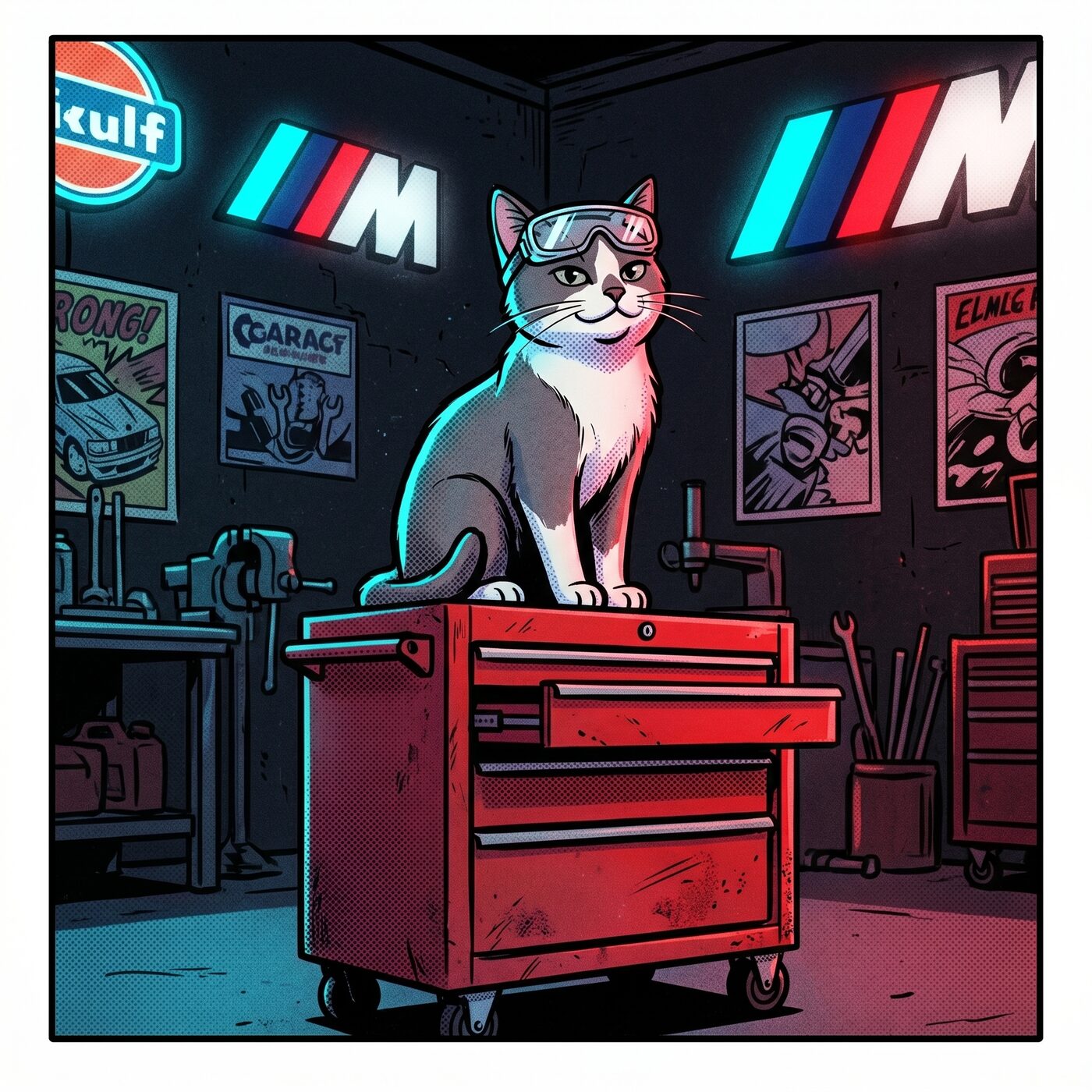 Beans the shop cat on a toolbox