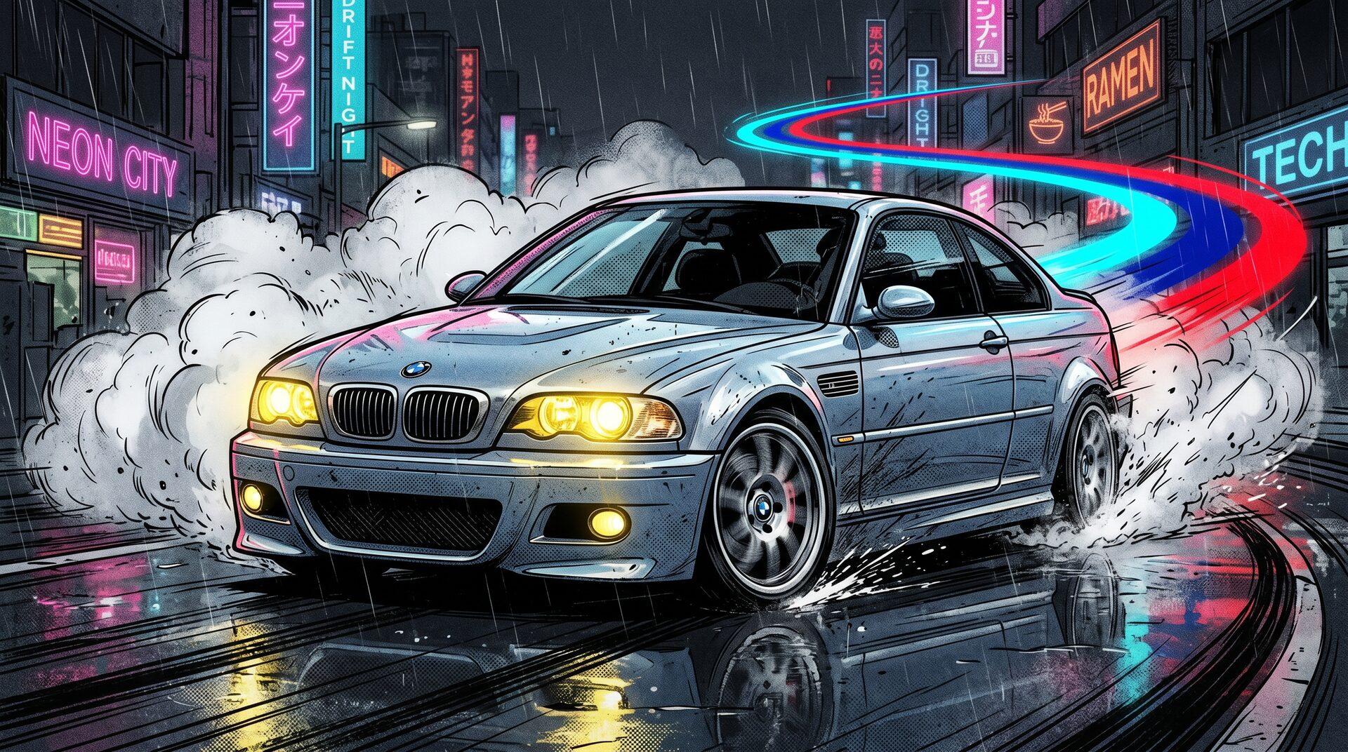 2001 BMW E46 M3 drifting on a neon-lit street
