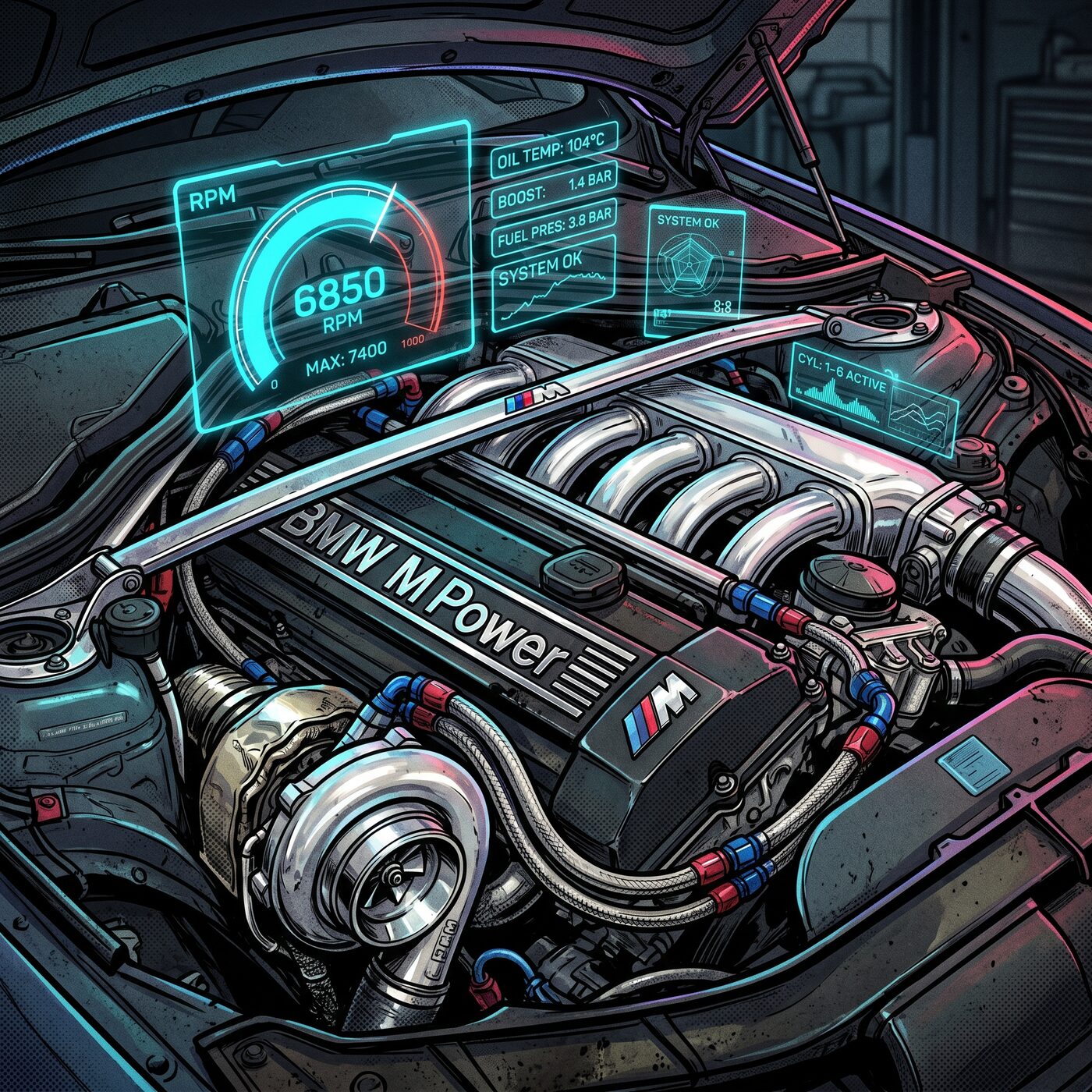 BMW M Power engine bay with diagnostic HUD