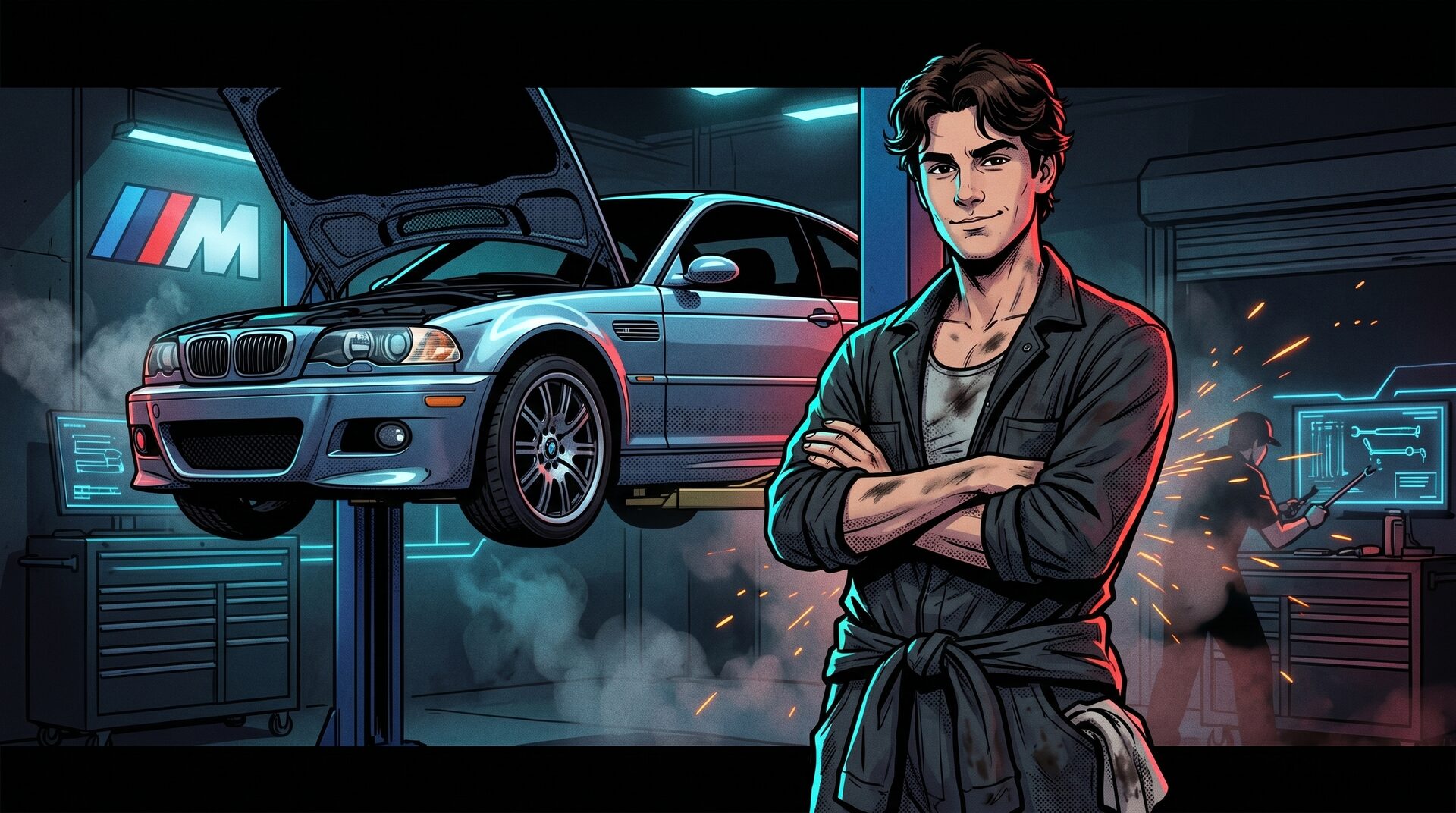 Ben Bradley in his garage with a 2001 BMW E46 M3